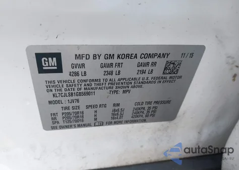 2016 Chevrolet Trax Lt из США, поврежденный, VIN KL7CJLSB1GB569011